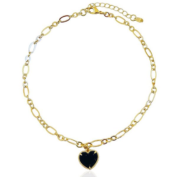 Tornozeleira Coração Preto Elo Intercalado 25cm - Banho de Ouro 18k