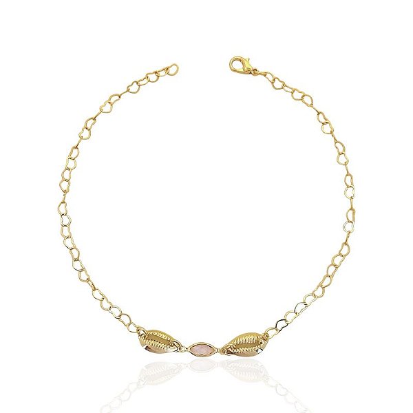Tornozeleira Ponto de Luz Rosa Navete e Búzios Elo Coração 27cm - Banho de Ouro 18k