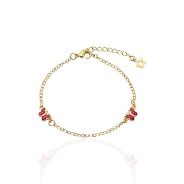 Pulseira Infantil 2 Borboletas Rosa 14cm - Banho de Ouro 18k