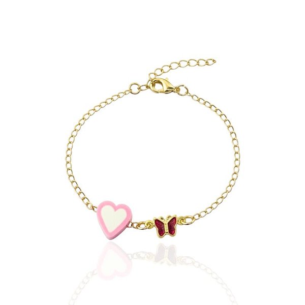 Pulseira Infantil Borboleta Rosa e Coração 15cm - Banho de Ouro 18k
