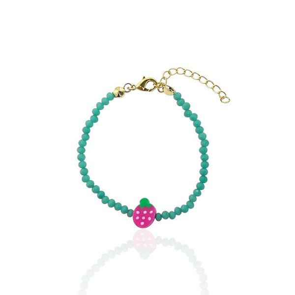 Pulseira Infantil Cristal Verde c/ Moranguinho 13cm - Banho de Ouro 18k