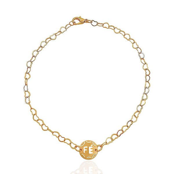 Tornozeleira Plaquinha Fé Vazada Elos de Coração 23cm - Banho de Ouro 18k