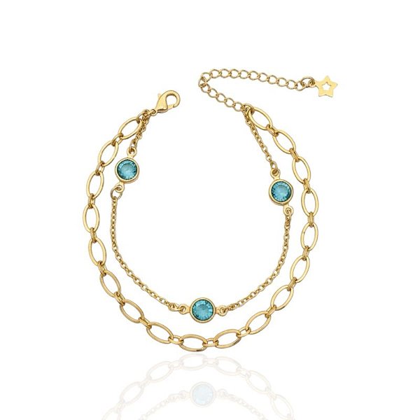 Pulseira Dupla Elos com Pontos de Luz Azul 17cm - Banho de Ouro 18k
