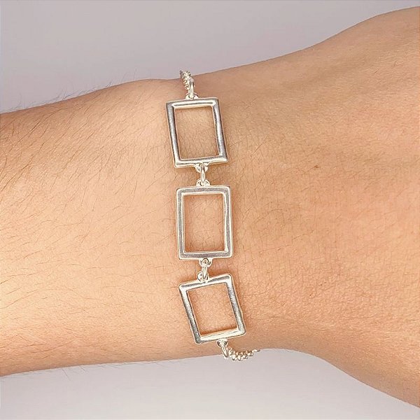 Pulseira 3 Retangulos Elo Portugues 22cm - Prata 925