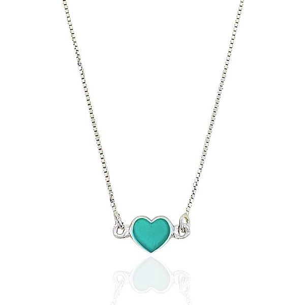 Colar Chocker Coração Resina Verde Agua 40cm - Prata 925