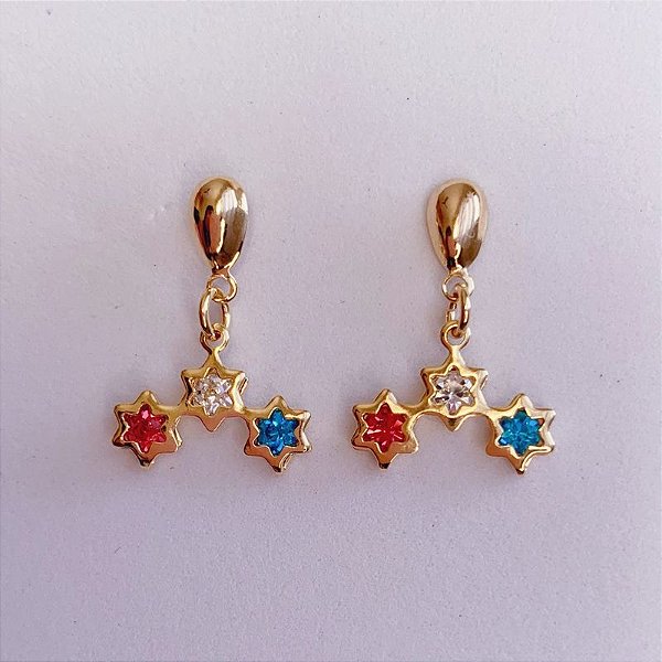 Brinco 3 Estrelas Colors - Banho de Ouro 18k