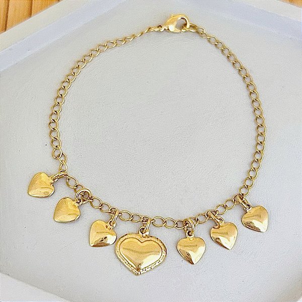 Pulseira 7 Corações 18,5cm - Banho de Ouro 18k