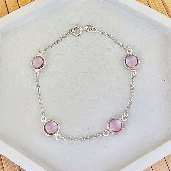 Pulseira Entremeio Resina Rosa - Prata 925