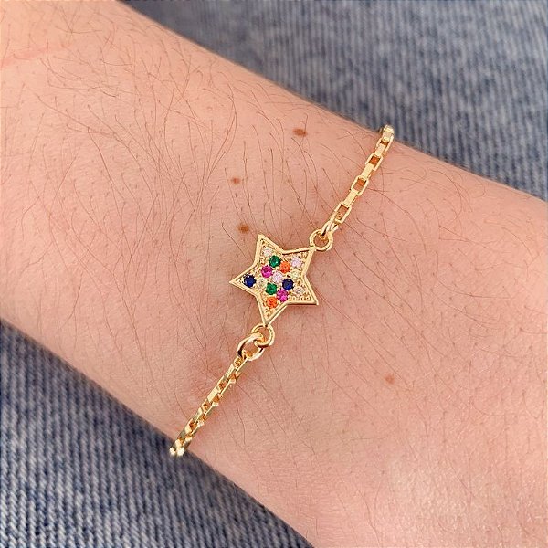 Pulseira Estrela Cravejada Colorida - Banho de Ouro 18k