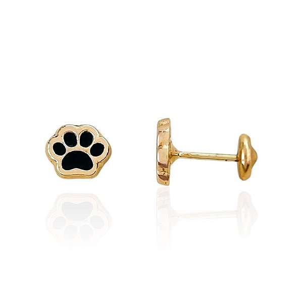 Brinco Infantil Patinha Resina Preta - Banho de Ouro 18k
