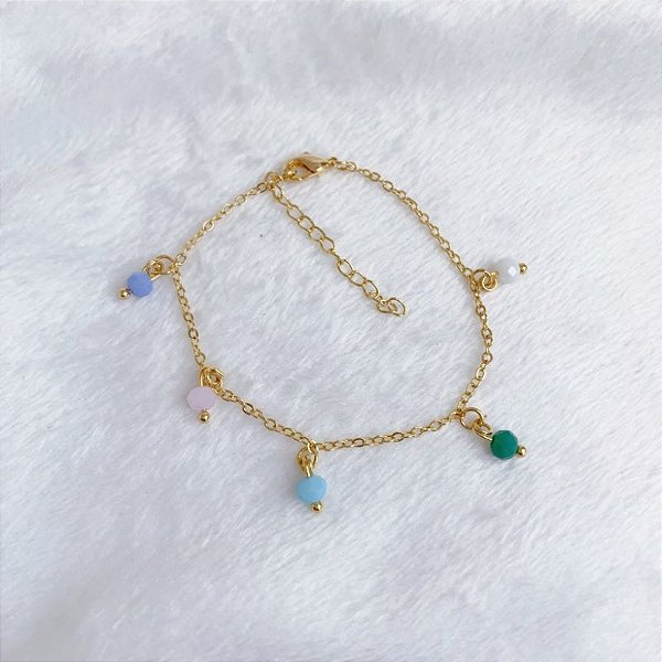Pulseira Elo Portugues c/ 5 Cristais Pendurados 20cm - Banho de Ouro 18k