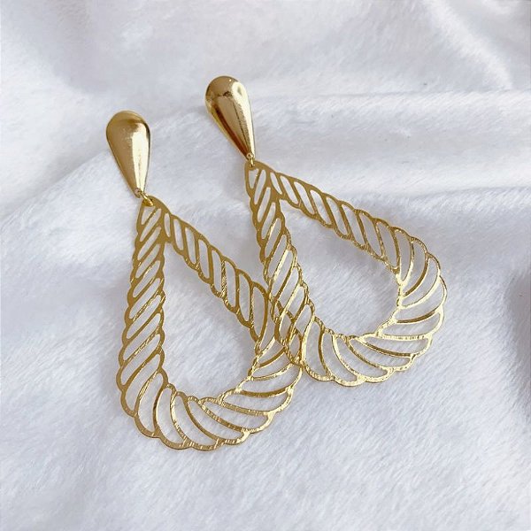 Brinco Gota Grande Vazada 8cm - Banho de Ouro 18k