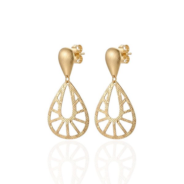 Brinco Gota Grande Vazada Escovada - Banho de Ouro 18k