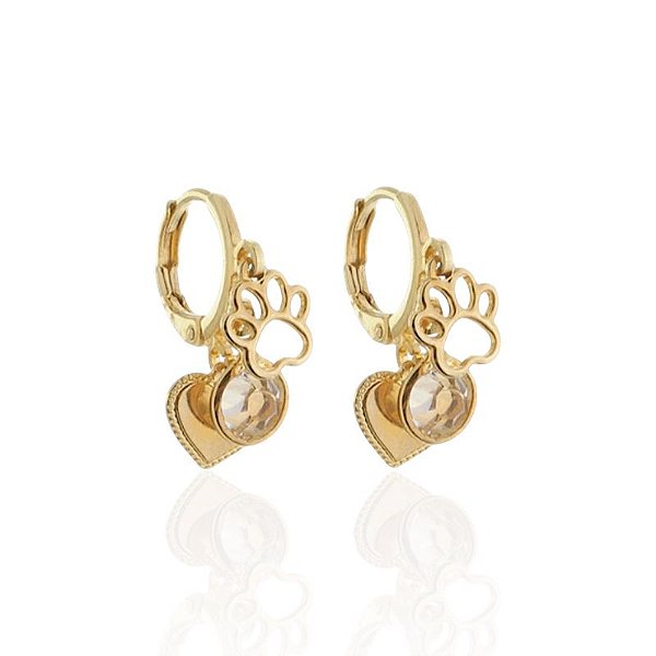 Brinco Argolinha c/ Pingente Triplo (Patinha, Cristal e Coração) - Banho de Ouro 18k