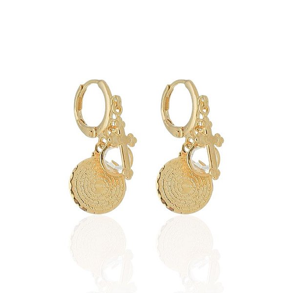 Brinco Argolinha c/ Pingente Triplo (Cruz, Cristal e Pai Nosso) - Banho de Ouro 18k
