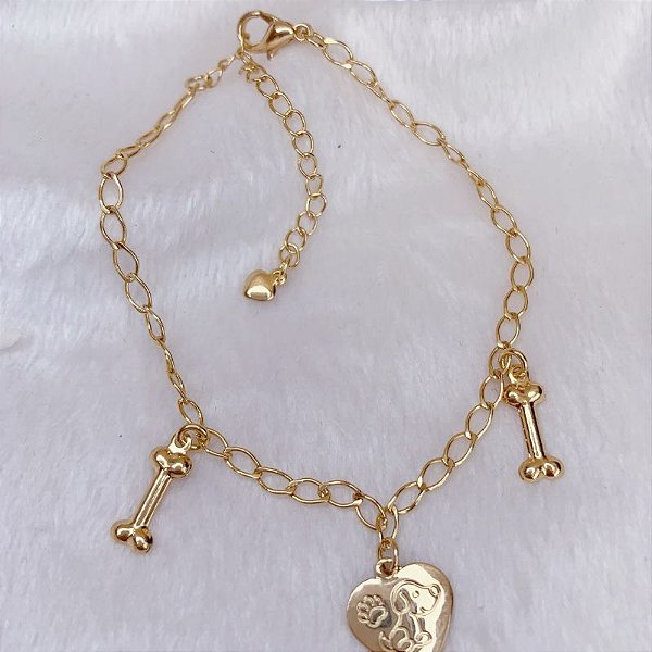 Pulseira Elo Grumet c/ Coração + Ossinho 21cm - Banho de Ouro 18k