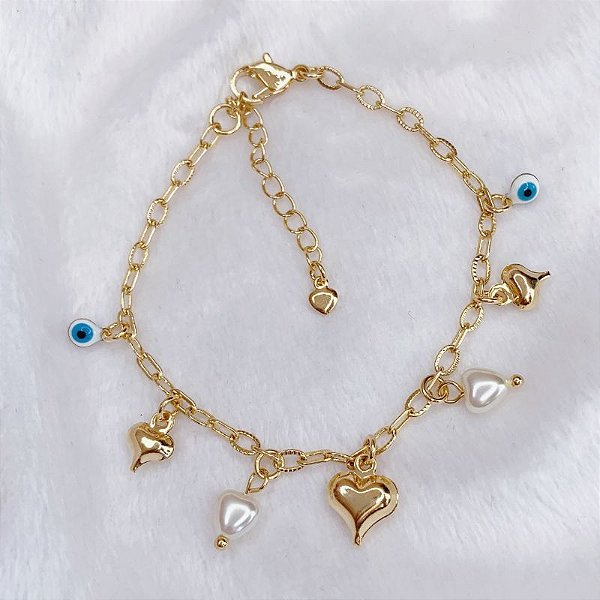 Pulseira Corações, Perolas e Olho Grego 20cm - Banho de Ouro 18k