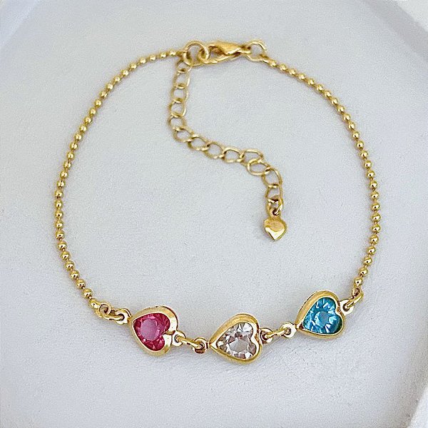Pulseira Bolinha 3 Corações Zirconia Colorida 22,5cm - Banho de Ouro 18k