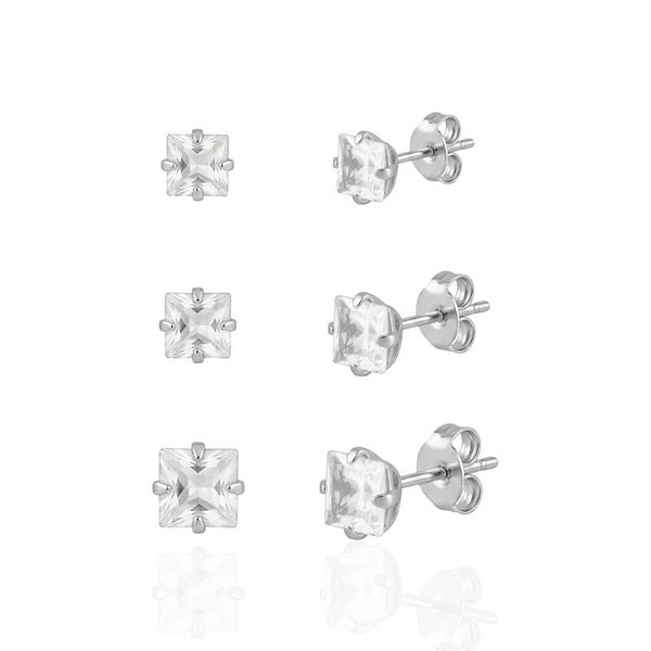 Brinco Trio Zircônia Quadrada Cristal - Prata 925