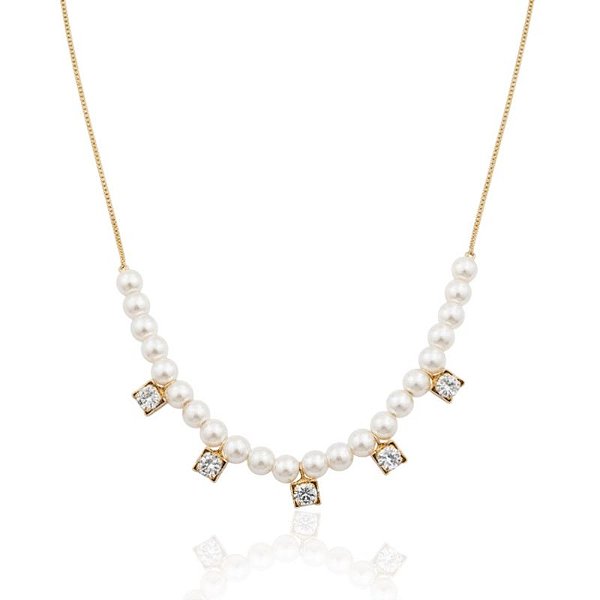 Colar Pérolas com 5 Pontos de Luz 45cm - Banho de Ouro 18k