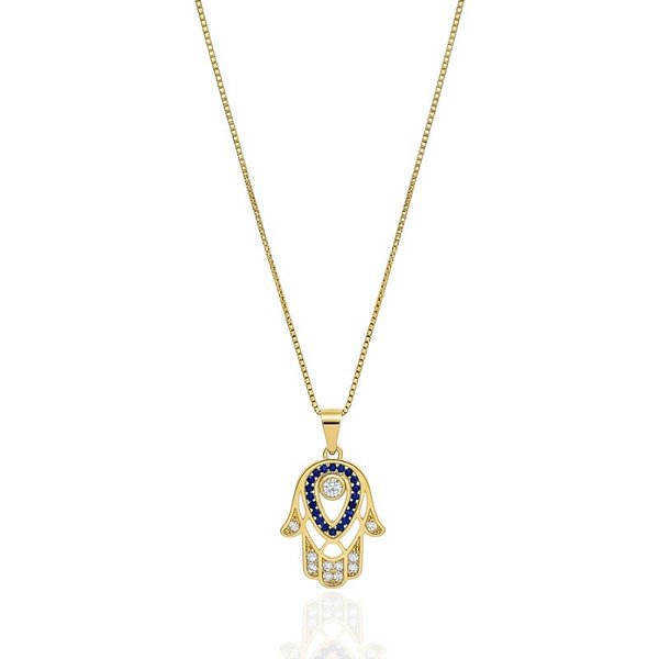 Colar Mão de Fátima Cravejado 45cm - Banho de Ouro 18k