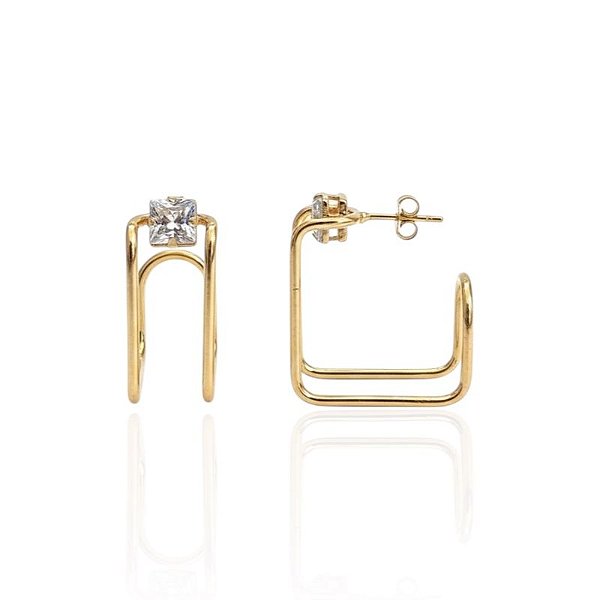 Brinco Argola Quadrada Dupla c/ Zircônia 2,5cm - Banho de Ouro 18k