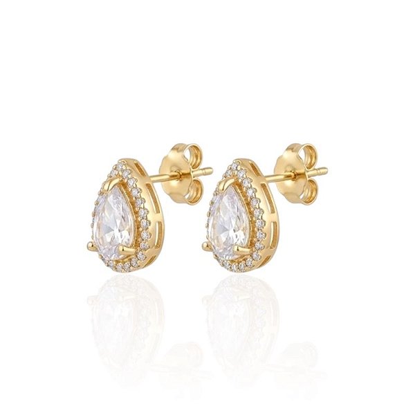 Brinco Gota Zircônia Cristal com Borda Cravejada - Banho de Ouro 18k