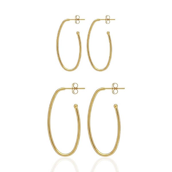 Brinco Duo de Argolas Ovais Lisas - Banho de Ouro 18k