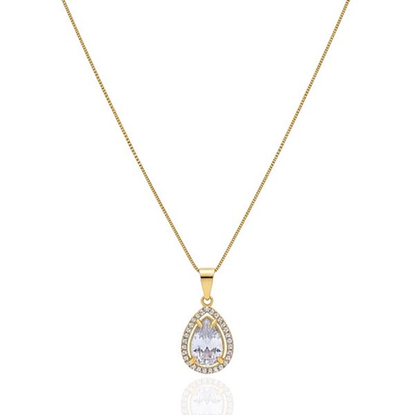 Colar Gota Zircônia Cristal com Borda Cravejada - Banho de Ouro 18k
