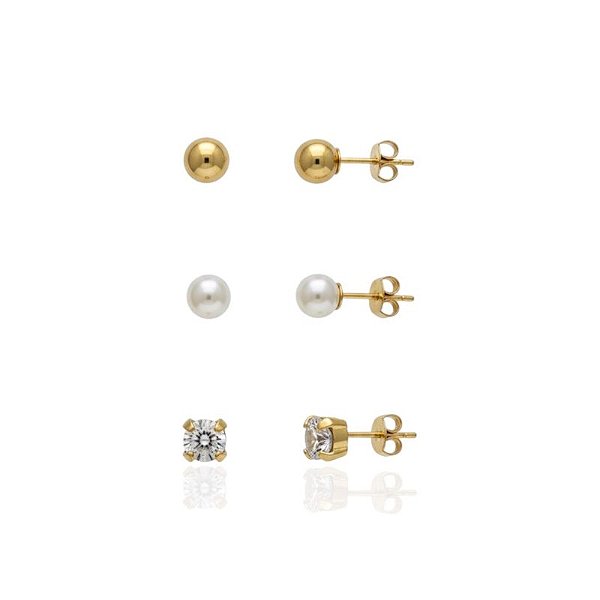 Brinco Trio Bolinha, Pérola e Ponto de luz - Banho de Ouro 18k