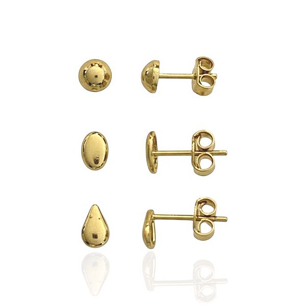 Brinco Trio Meia Bola, Oval e Gota - Banho de Ouro 18k