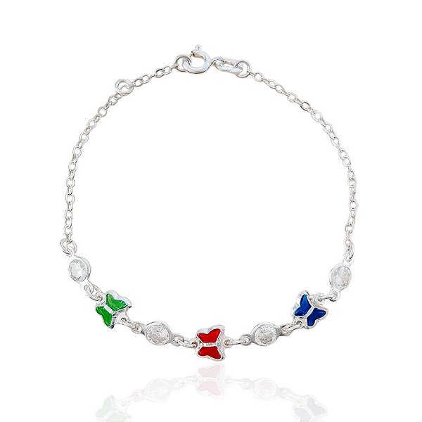 Pulseira Borboletas Coloridas com Pontos de Luz Elo Português - Prata 925