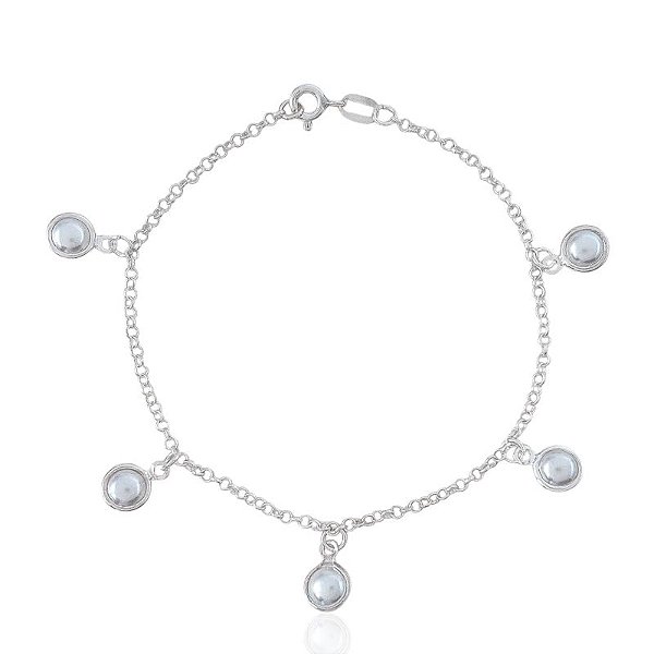 Pulseira Elo Português com 5 Pérolas Penduradas - Prata 925