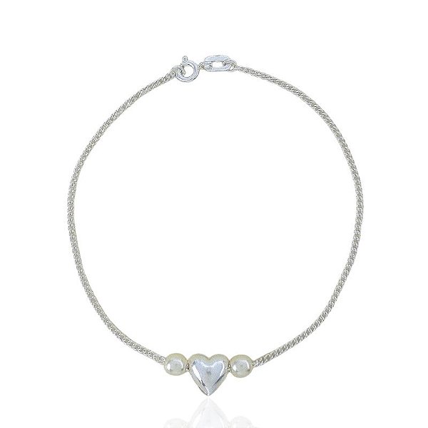 Pulseira Coração com Duas Pérolas - Prata 925