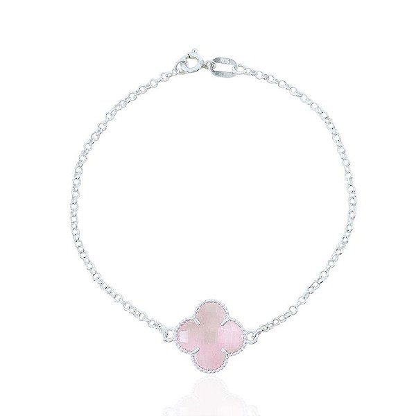 Pulseira Trevo Resina Rosa Elo Português - Prata 925