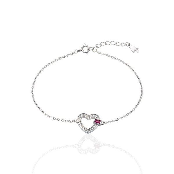 Pulseira Coração Vazado Cravejado c/ Zircônia Baguete Pink 16cm - Prata 925