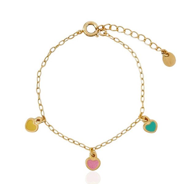 Pulseira Infantil 3 Corações Resina Colorida - Banho de Ouro 18k