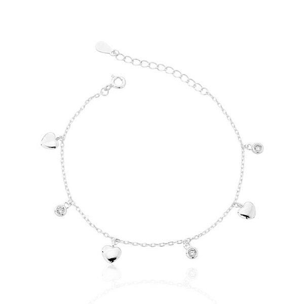 Pulseira 3 Corações e 3 Pontos de Luz Zircônia 16cm - Prata 925