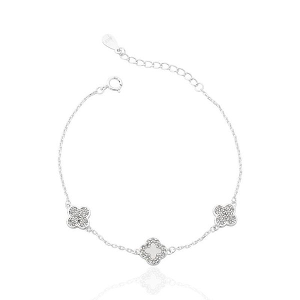 Pulseira Trevo Madrepérola e 2 Trevos Cravejados 16cm - Prata 925