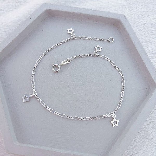 Tornozeleira 3x1 c/ 4 Estrelas Vazadas 22,5cm - Prata 925