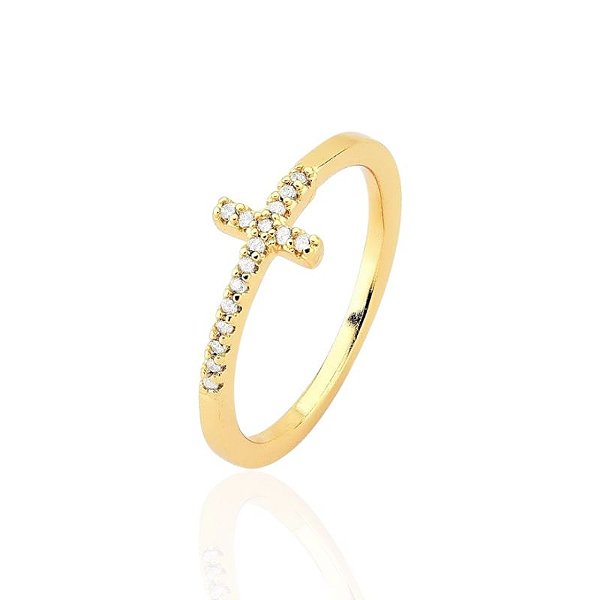 Anel Cruz Cravejada - Banho de Ouro 18k