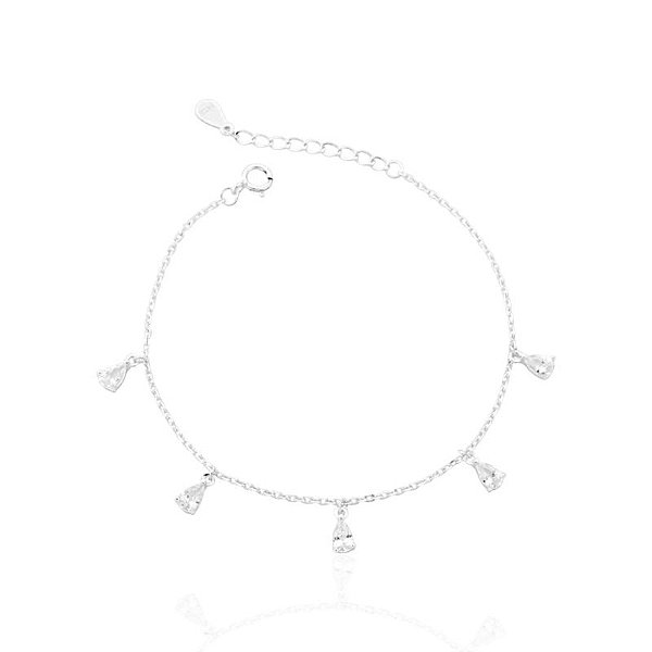 Pulseira 5 Pingentes Zircônia Gota 16cm - Prata 925
