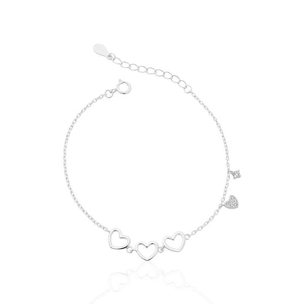 Pulseira 3 Corações Vazados e Ponto de Luz Zircônia 16cm - Prata 925