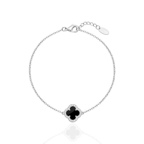Pulseira Trevo Onix Cravejado 17cm - Prata 925