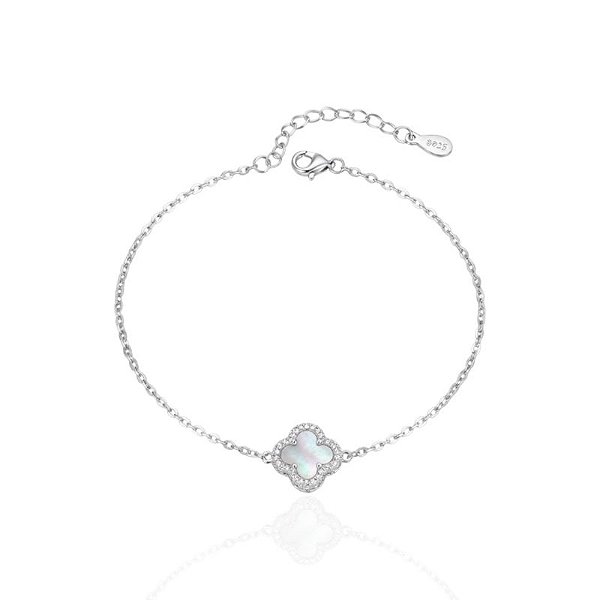 Pulseira Trevo Madrepérola Cravejado 17cm - Prata 925