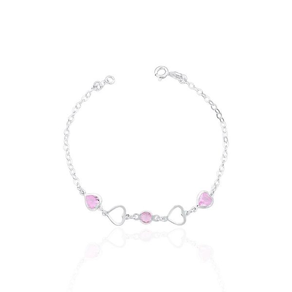 Pulseira Coração Vazado c/ Zircônia Coração Rosa 19cm - Prata 925