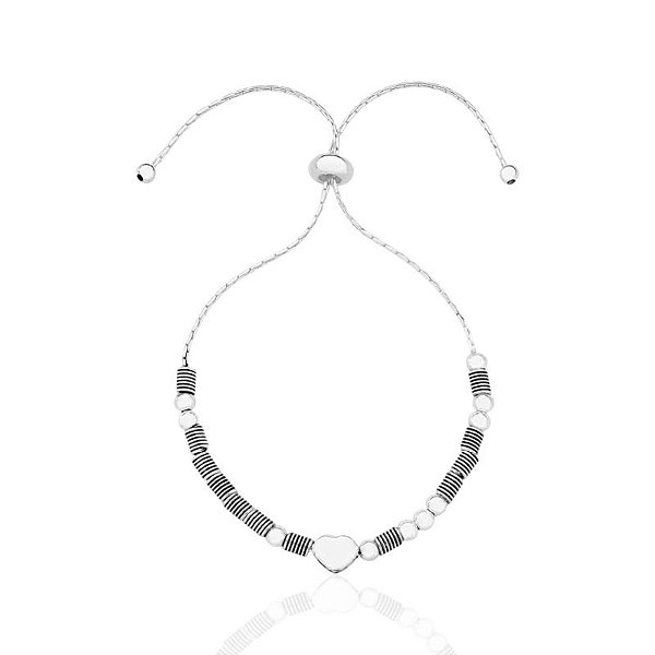 Pulseira Canutilhos e Coração Modelo Gravatinha 22cm Ajustável - Prata 925
