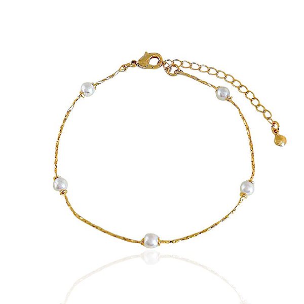 Pulseira Rabo de Rato com Pérolas 18cm - Banho de ouro 18k