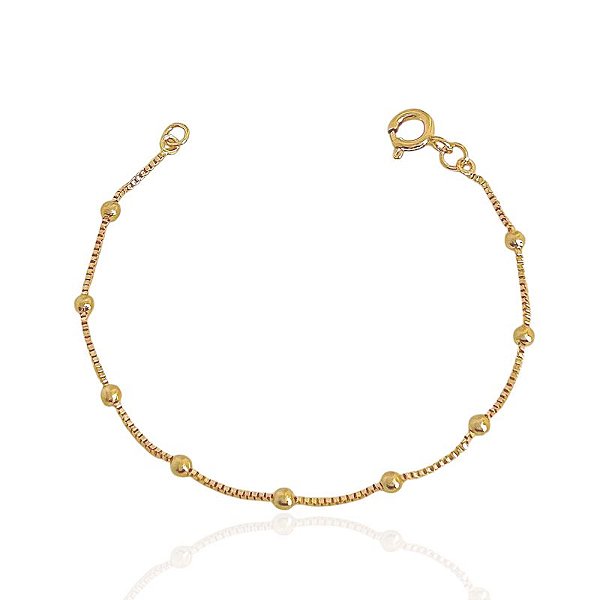 Pulseira Infantil Veneziana com Bolinhas Lisas 15cm - Banho de ouro 18k