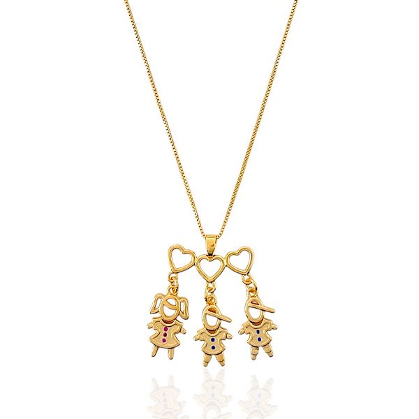 Colar Filhos (Uma Menina e Dois Meninos) Veneziana 45cm - Banho de Ouro 18k
